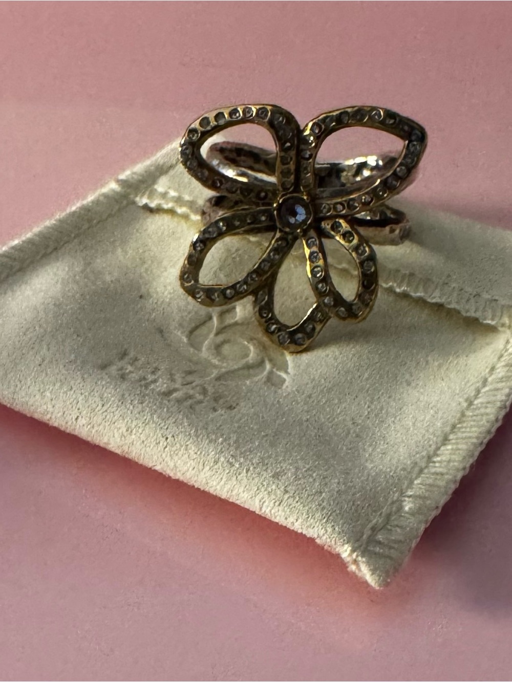 Waxing Poetic Crystal Accent Flower Sterling Silver & Brass Ring w/bag Sz 11